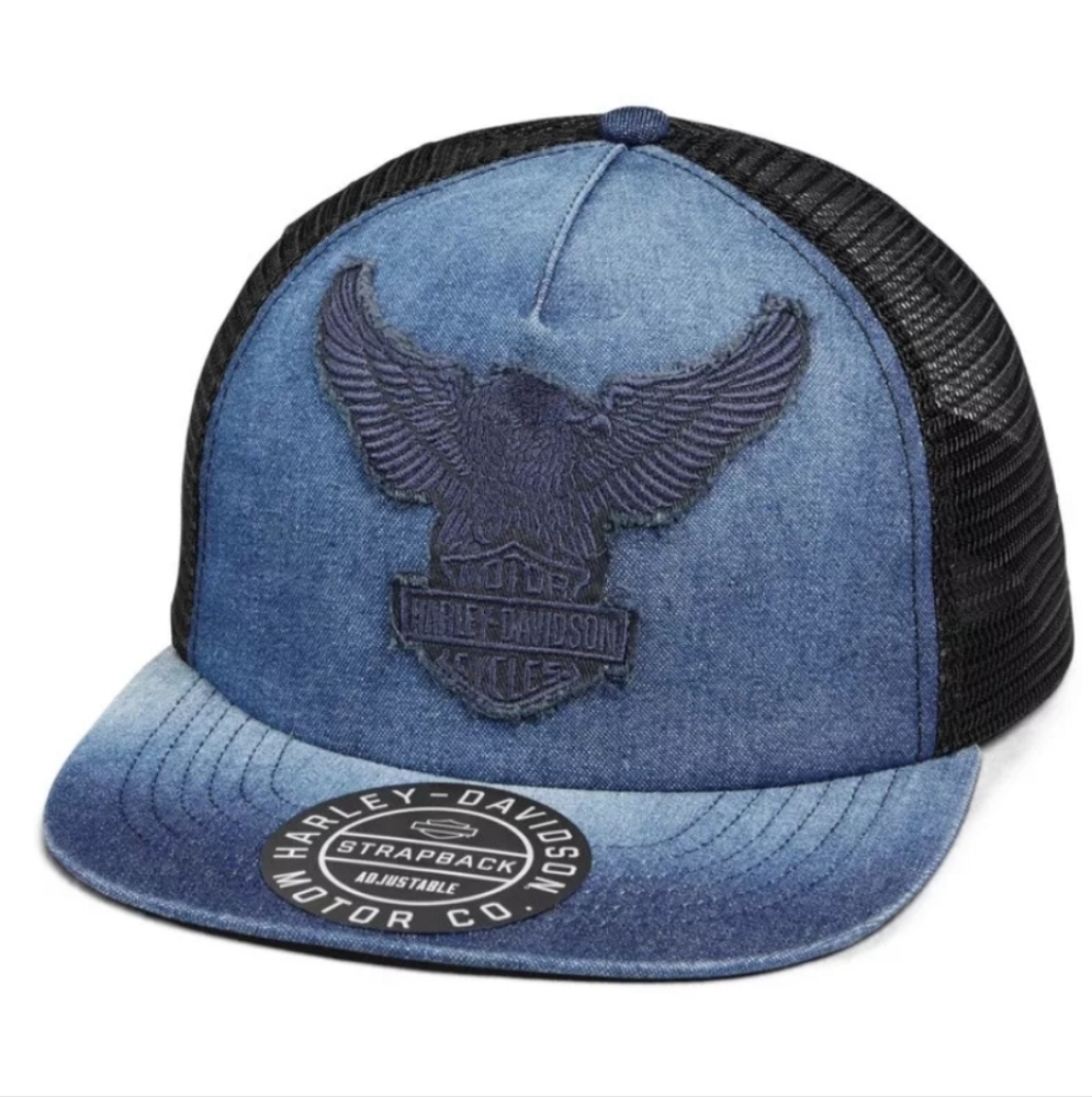 NEW HARLEY EAGLE BLACK CAP HAT 5 PANEL HIGH CROWN TRUCKER SNAPBACK Blue Black